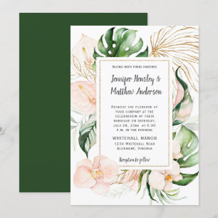 Blush Roze Bloemen Goud Lijst Tropische bruiloft Kaart