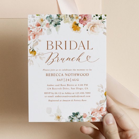 Blush Roze Bloemen Goud Script Bridal Brunch Kaart