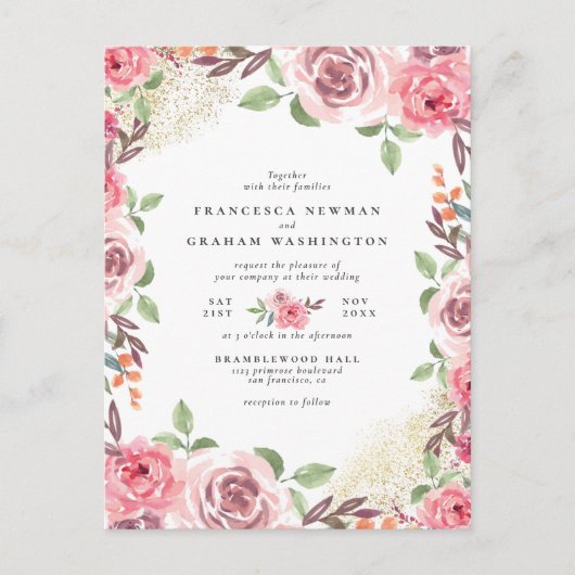Blush Roze Bloemen & Goud Stof Botanische bruiloft Uitnodiging Briefkaart (Voorkant)