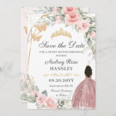 Blush Roze Bloemen Goud Zoet Zestien Bruin Meisje Save The Date (Voorkant / Achterkant)