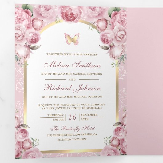 Blush Roze Bloemen Gouden Boog Vlinderbruiloft Drieluik Uitnodiging (Binnenzijde eerst)