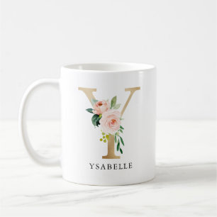 Blush Roze Bloemen & Gouden Letter Y Monogram Koffiemok