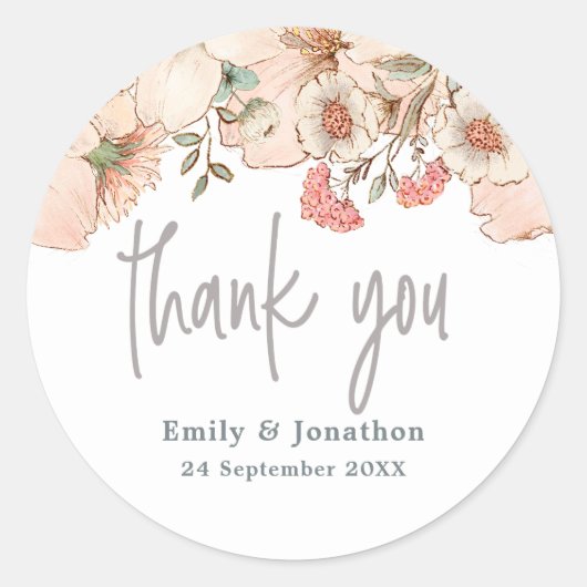 Blush Roze Bloemen Grijs Script Dank u Namen Ronde Sticker (Voorkant)