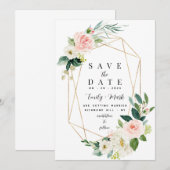 Blush Roze Bloemen, Groen & Goud Save The Date (Voorkant / Achterkant)