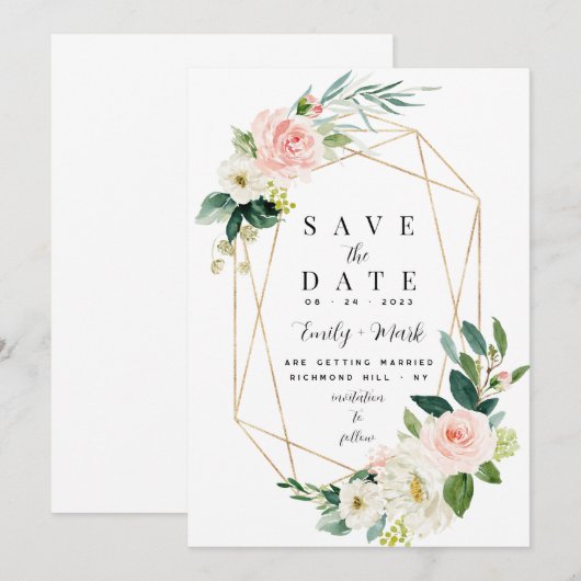 Blush Roze Bloemen, Groen & Goud Save The Date (Voorkant / Achterkant)