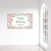 Blush roze bloemen Groene bladeren Happy Birthday Spandoek