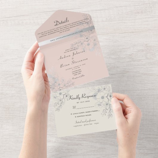 Blush Roze Bloemen Huwelijksuitnodiging All In One Uitnodiging (Afscheurbaar)