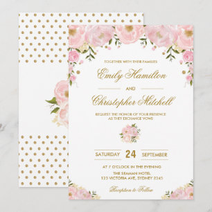 Blush Roze Bloemen Huwelijksuitnodiging Gouden Con Kaart
