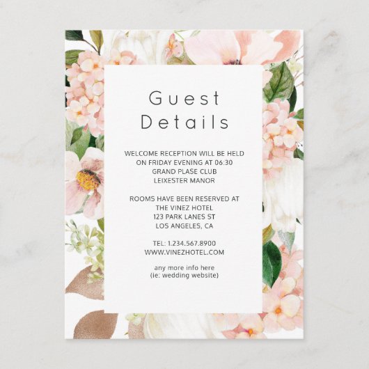 Blush Roze Bloemen Hydrangea Bruiloft Gast Details Informatiekaartje (Voorkant)