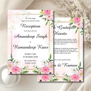 Blush roze bloemen Indiase receptie uitnodigingska Kaart