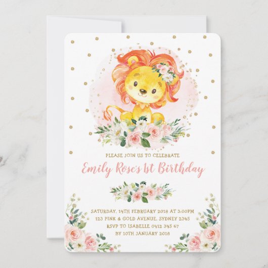 Blush Roze Bloemen Leeuw 1e Verjaardag Girly Wild Kaart (Voorkant)