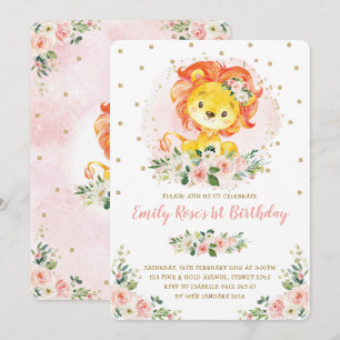 Blush Roze Bloemen Leeuw 1e Verjaardag Girly Wild  Kaart