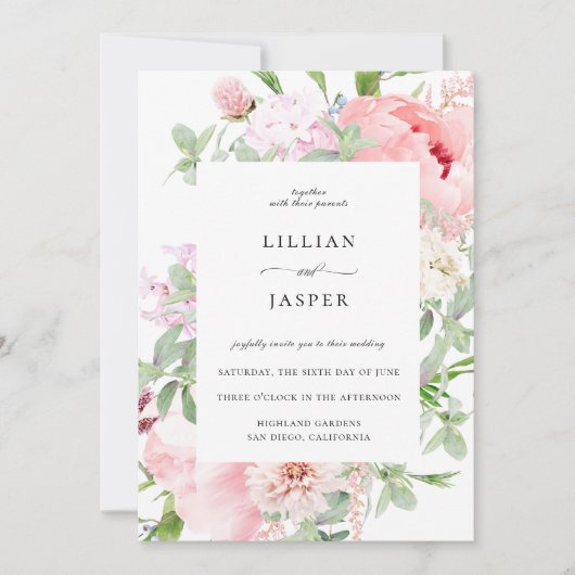 Blush Roze Bloemen Lijst Bruiloft Uitnodiging (Voorkant)