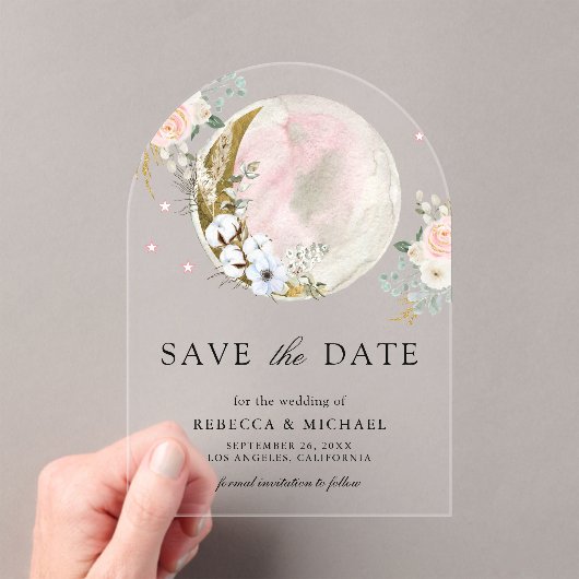 Blush Roze Bloemen Maan Huwelijk Save the Date Acryl Uitnodigingen (Insitu (Draagbaar))