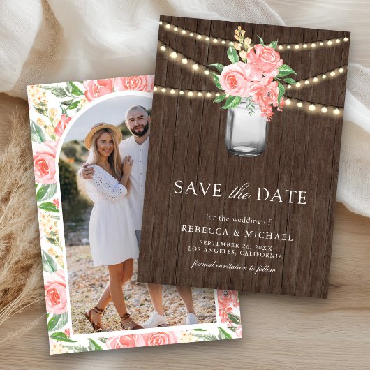 Blush Roze Bloemen Mason Jar Foto bruiloft Save The Date