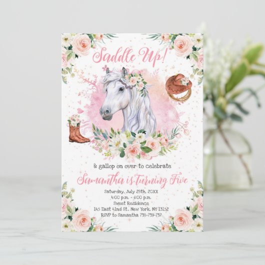 Blush Roze Bloemen Meisje Paard Verjaardagsfeest Kaart (Staand voorkant)