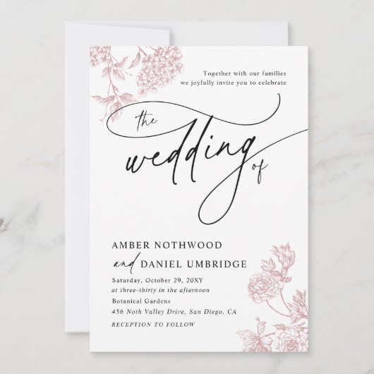  Blush Roze Bloemen Modern Script Wedding Kaart (Voorkant)