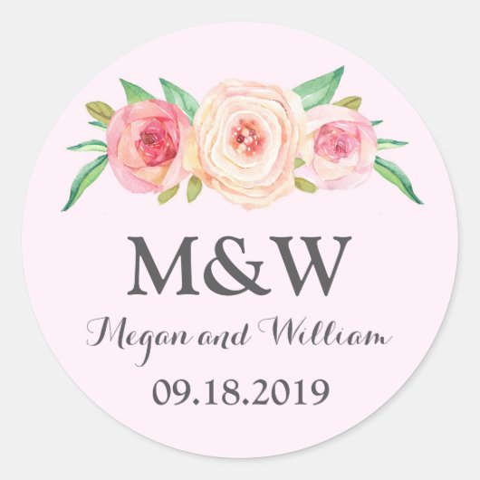 Blush Roze Bloemen Monogram Bruiloft Ronde Sticker (Voorkant)