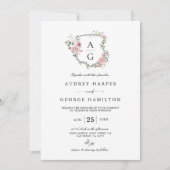 Blush Roze Bloemen Monogram Crest QR Code Huwelijk Kaart (Voorkant)