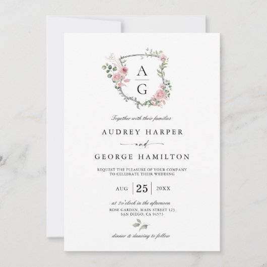 Blush Roze Bloemen Monogram Crest QR Code Huwelijk Kaart (Voorkant)