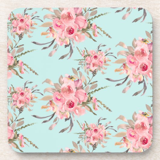Blush roze bloemen op lichtblauw bier onderzetter (Voorkant)