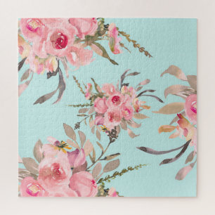 Blush roze bloemen op lichtblauw legpuzzel
