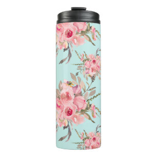 Blush roze bloemen op lichtblauw thermosbeker