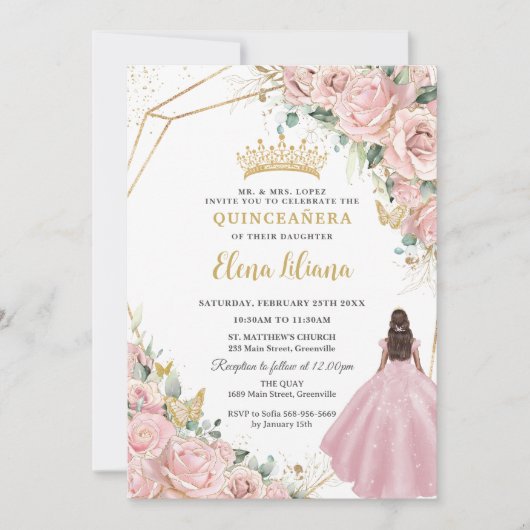 Blush Roze Bloemen Prinses Goud Quinceanera 15 XV Kaart (Voorkant)
