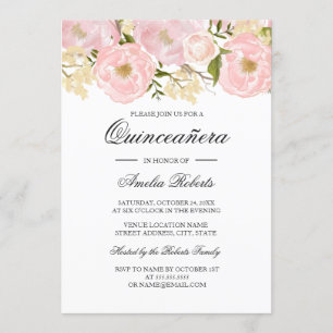  Blush Roze Bloemen Quinceanera Invitation Kaart