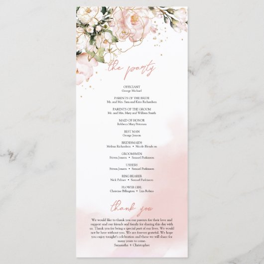 Blush Roze Bloemen Rozen Boho Trouwceremonie Programma (Achterkant)