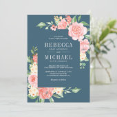 Blush Roze Bloemen Rozen Dusty Blue Wedding Kaart (Staand voorkant)