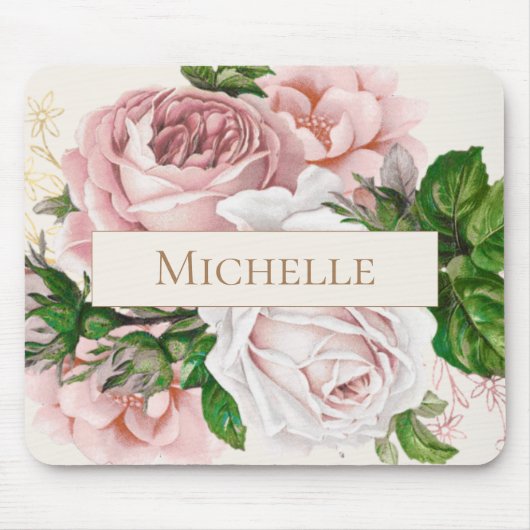 Blush Roze Bloemen Rozen Naam Muismat (Voorkant)