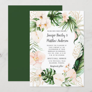 Blush Roze Bloemen Tropische Groen Krans Bruiloft Kaart