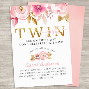 Blush Roze Bloemen Tweeling Meisjes Baby shower Ui Kaart