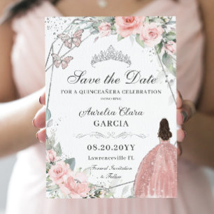 Blush Roze Bloemen Zilver Quinceanera Sweet Sixtee Save The Date