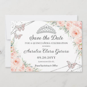 Blush Roze Bloemen Zilver Quinceañera Zoet Zestien Save The Date