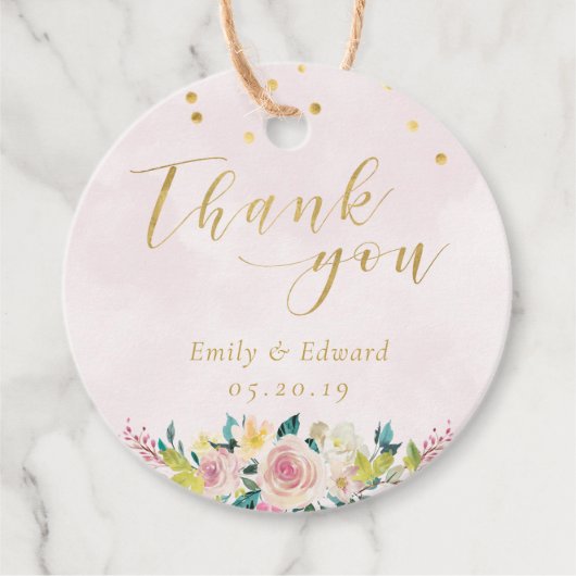 Blush roze bloemenbruiloft dank u ronde bedankjes labels (Voorkant)