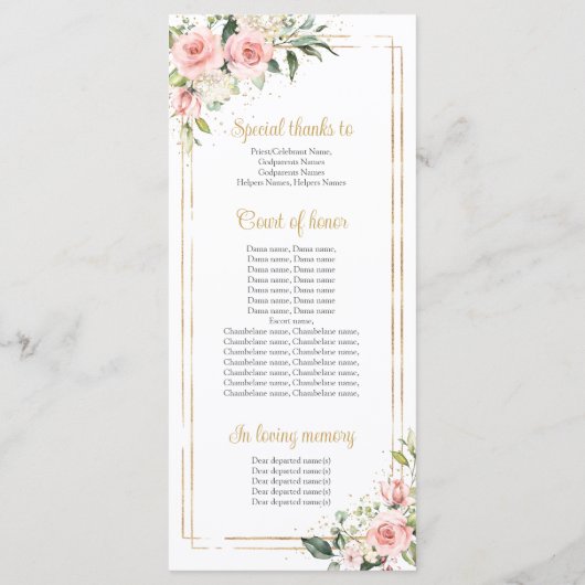 Blush roze bloemengoud geometrisch lijst Quinceane Programma (Achterkant)