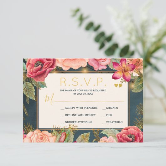 Blush roze bloemengoud marine elegante bruiloft rv RSVP kaartje (Staand voorkant)