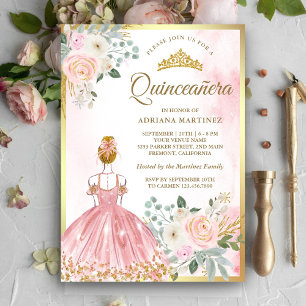 Blush roze bloemenjurk Princess Gold Quinceanera Kaart