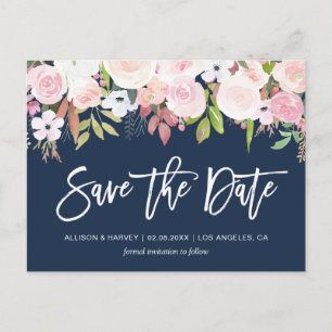 Blush roze bloemenmarineblauw Save the date Briefkaart