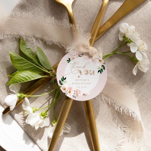 Blush roze bloemenmeisje baby shower dank u bedankjes labels