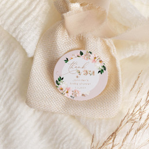 Blush roze bloemenmeisje baby shower dank u ronde sticker