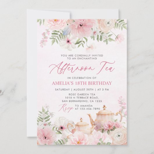 Blush roze bloemennamiddag thee verjaardagsfeest kaart (Voorkant)