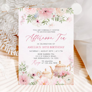 Blush roze bloemennamiddag thee verjaardagsfeest kaart