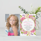 Blush roze bloemenpastels Eerste Communie foto Kaart (Staand voorkant)