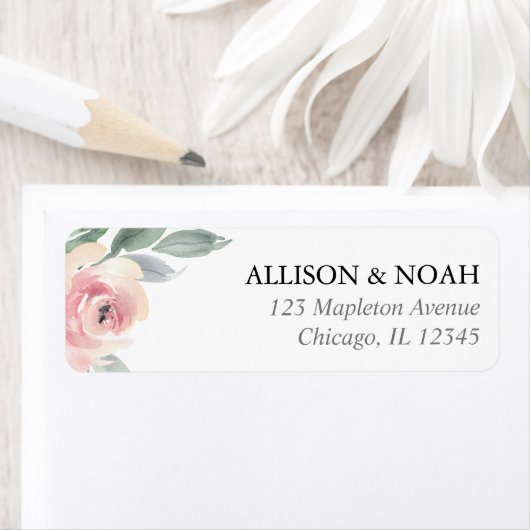 Blush roze bloemenpioen waterverf roos etiket (Insitu)