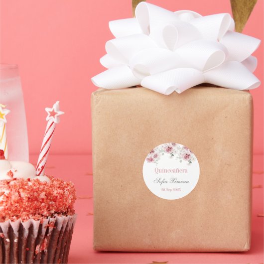 Blush Roze bloemenquinceañera Ronde Sticker (Feest)