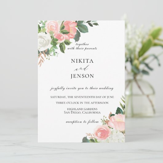 Blush roze bloementuin bruiloft uitnodiging (Staand voorkant)