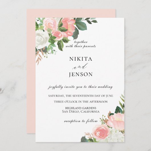 Blush roze bloementuin bruiloft uitnodiging (Voorkant / Achterkant)